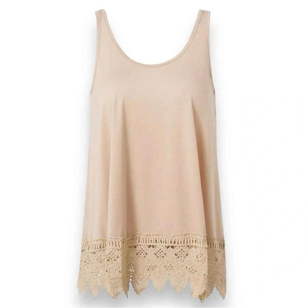 Women's Khaki Round Neck Relaxed Fit Sleeveless Tunic Lace Trim Small | GUC